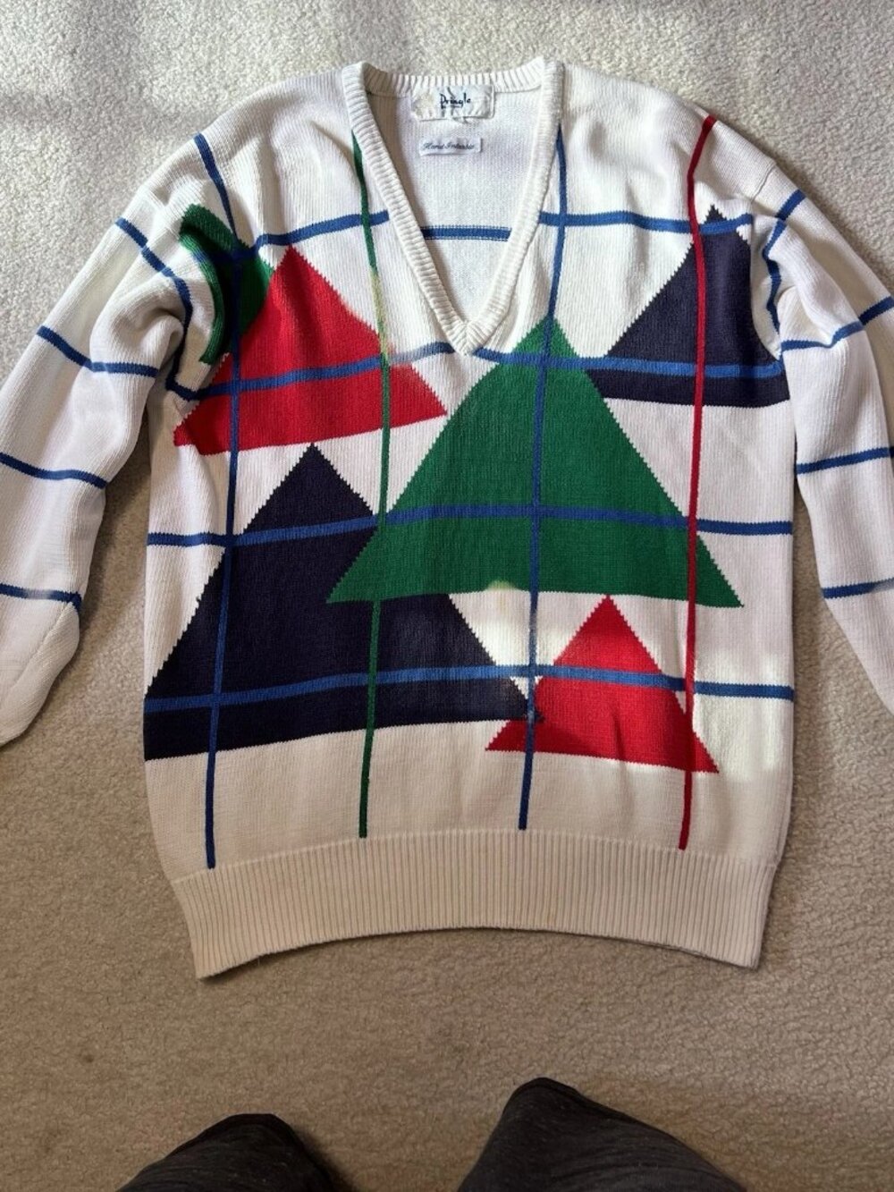 Vintage Pringle of Scotland Hand Intarsia Geometric Cotton V Neck Sweater L
